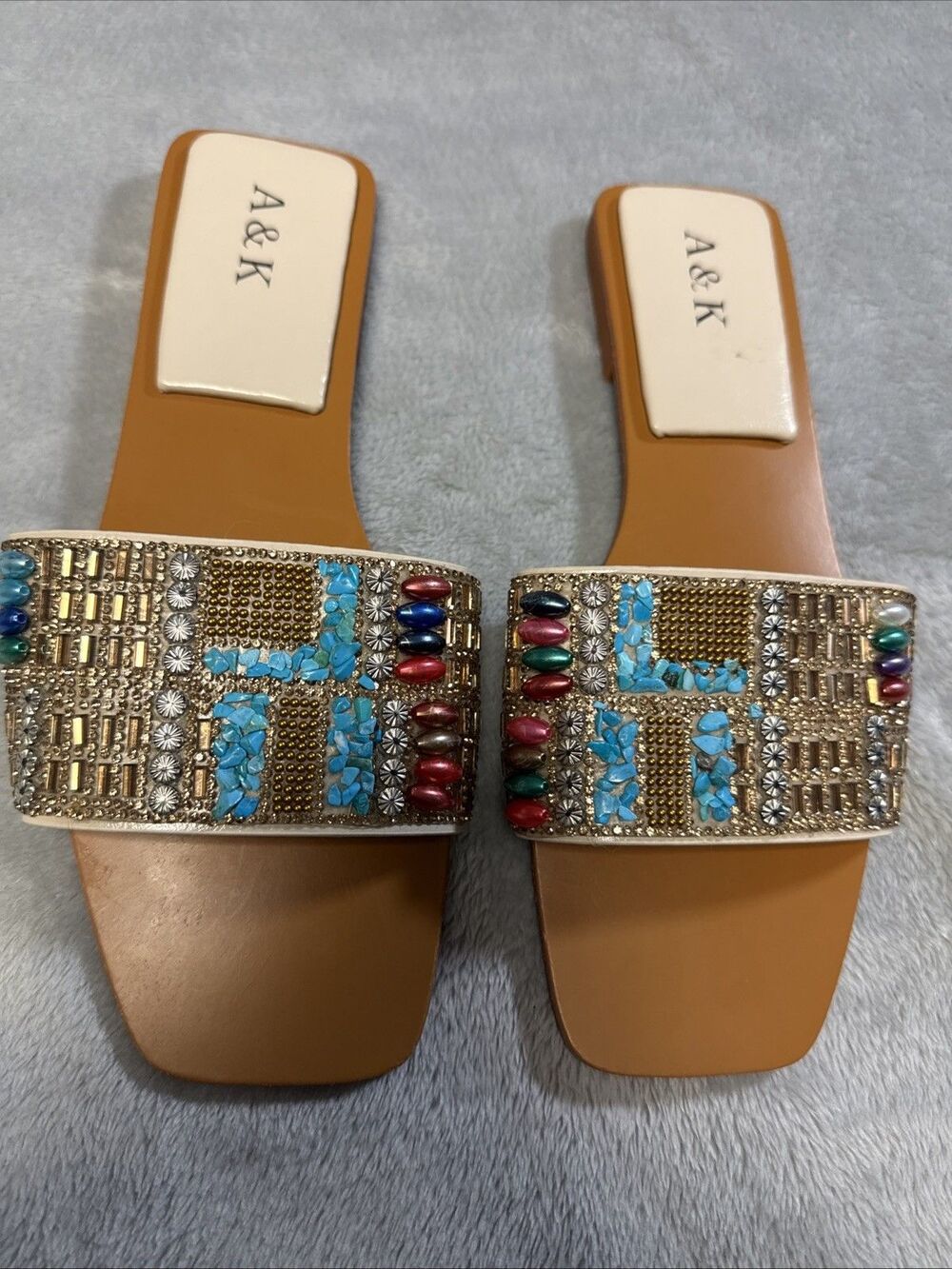 A&K Beaded Turquoise Gold Silver Red Sandal Sz 39